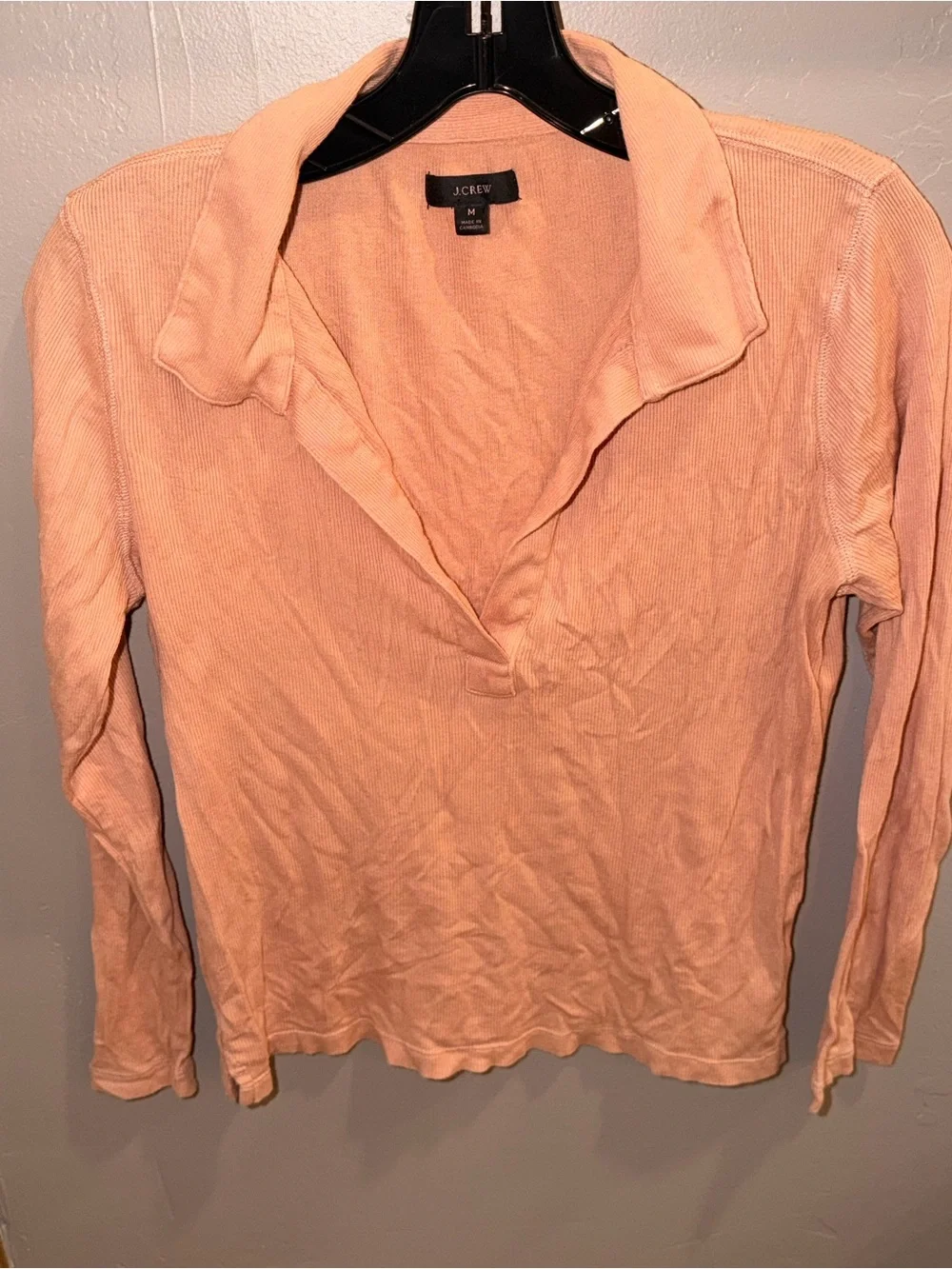 J. Crew Peachy Neutral Long-Sleeve Open-Collar Ribbed Polo T Shirt #446